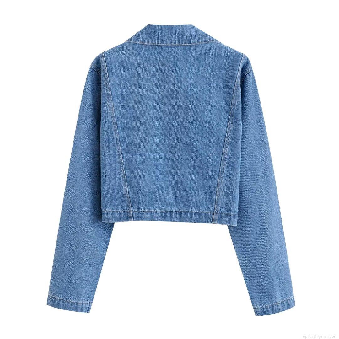 Women's Fashion Solid Color Lapel Denim Long Sleeve Shirt Top Vintage Cropped Denim Jacket With Pockets For Women Casual Streetwear Autumn Winter Outwear