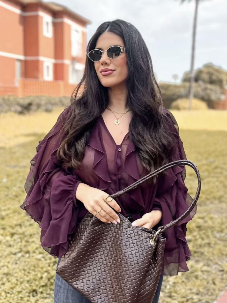 Elegant Women's Ruffle Layered Chiffon Blouse V-Neck Long Sleeve Button Down Shirt Solid Color French Vintage Style Tops for Daily Office Dating Party