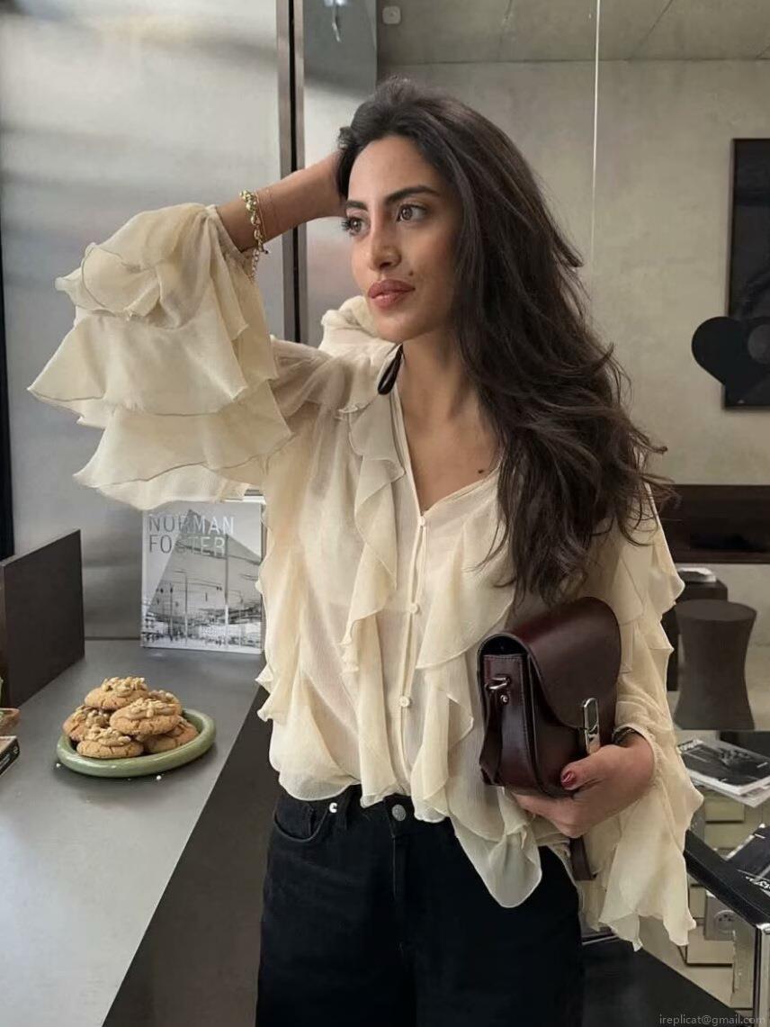 Elegant Women's Ruffle Layered Chiffon Blouse V-Neck Long Sleeve Button Down Shirt Solid Color French Vintage Style Tops for Daily Office Dating Party