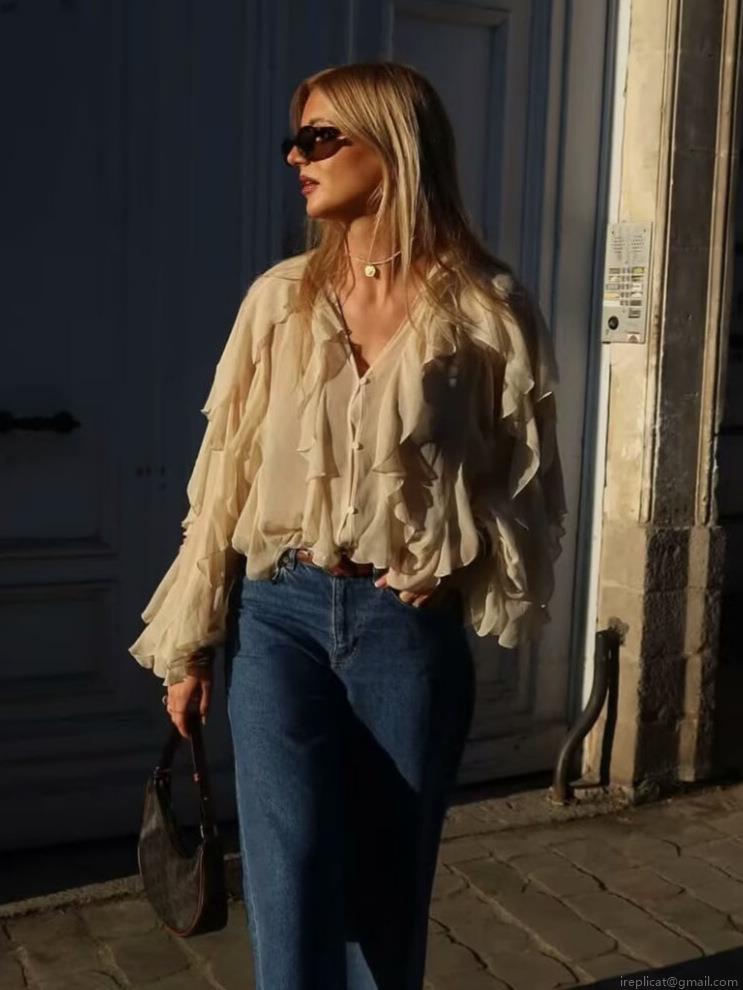 Elegant Women's Ruffle Layered Chiffon Blouse V-Neck Long Sleeve Button Down Shirt Solid Color French Vintage Style Tops for Daily Office Dating Party