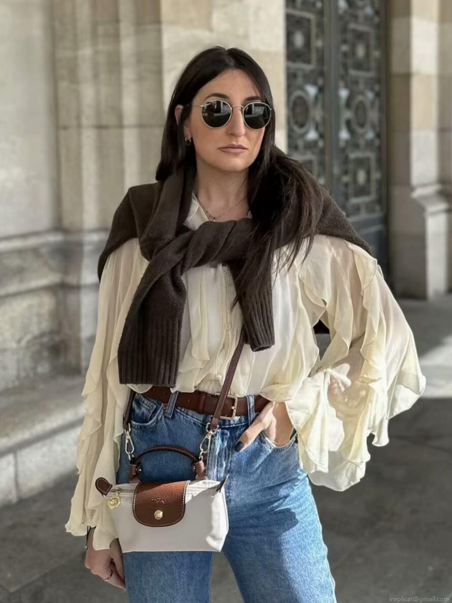 Elegant Women's Ruffle Layered Chiffon Blouse V-Neck Long Sleeve Button Down Shirt Solid Color French Vintage Style Tops for Daily Office Dating Party