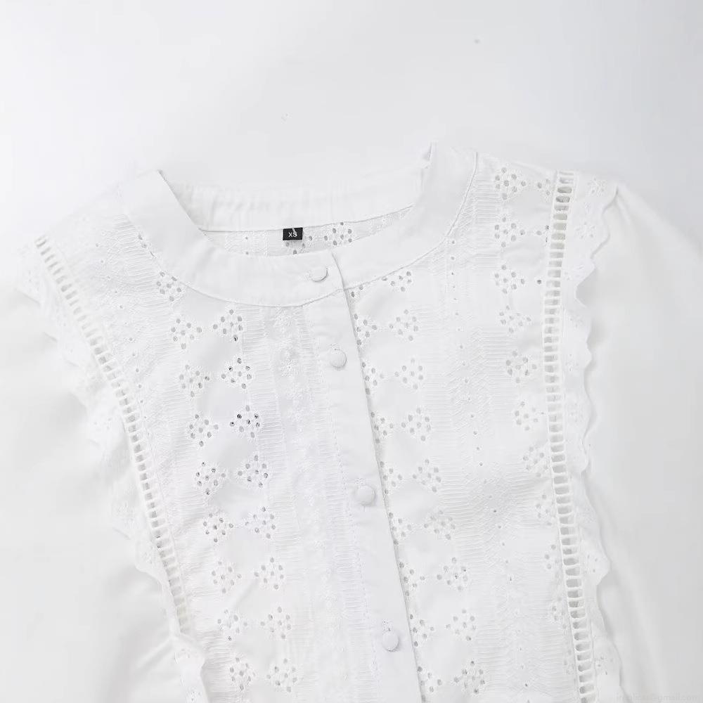 Elegant Women's White Eyelet Embroidered Blouse 85% Cotton Long Sleeve Round Neck Button Down Shirt Street Style Chic Top for Women