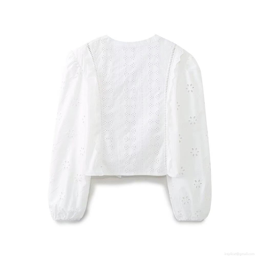 Elegant Women's White Eyelet Embroidered Blouse 85% Cotton Long Sleeve Round Neck Button Down Shirt Street Style Chic Top for Women