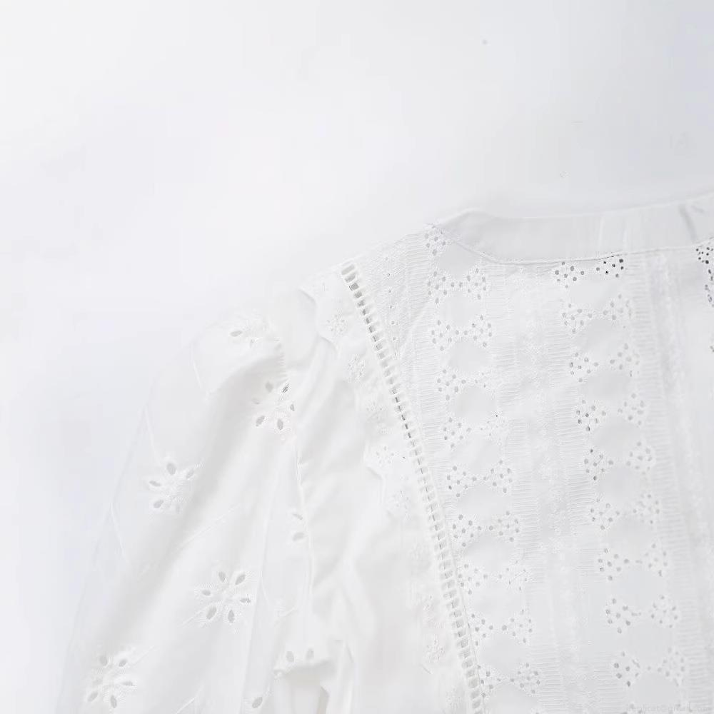 Elegant Women's White Eyelet Embroidered Blouse 85% Cotton Long Sleeve Round Neck Button Down Shirt Street Style Chic Top for Women