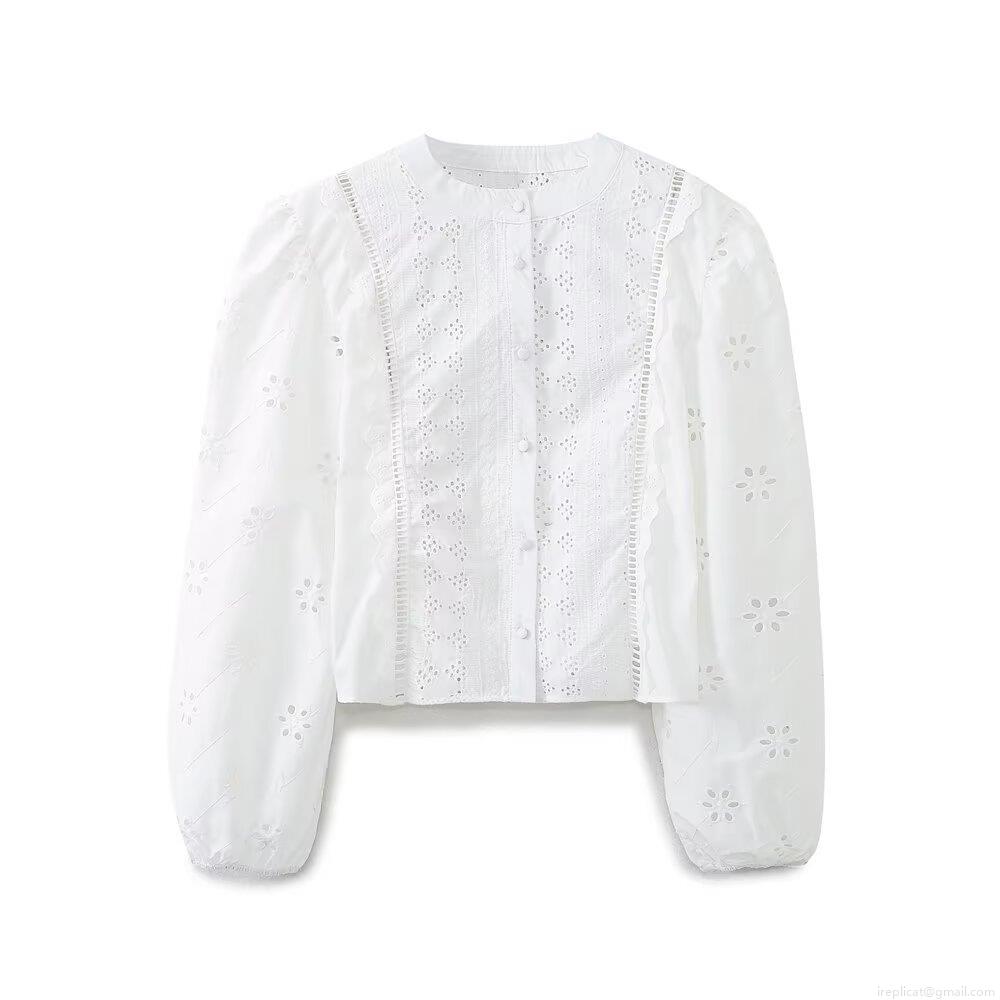 Elegant Women's White Eyelet Embroidered Blouse 85% Cotton Long Sleeve Round Neck Button Down Shirt Street Style Chic Top for Women
