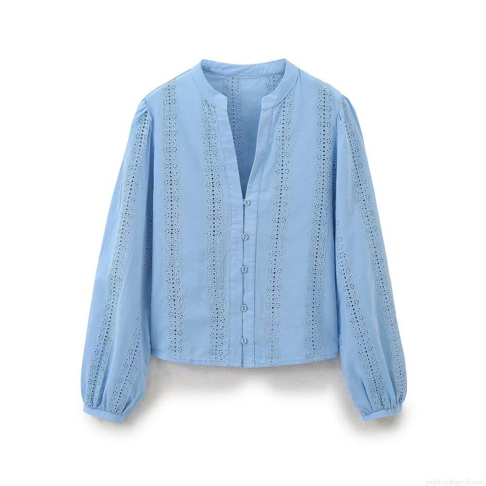 Women's Vintage Cotton Blend Embroidered Eyelet Blouse V Neck Lantern Long Sleeve Button Down Shirt Top Solid Color Casual Streetwear Top for Women