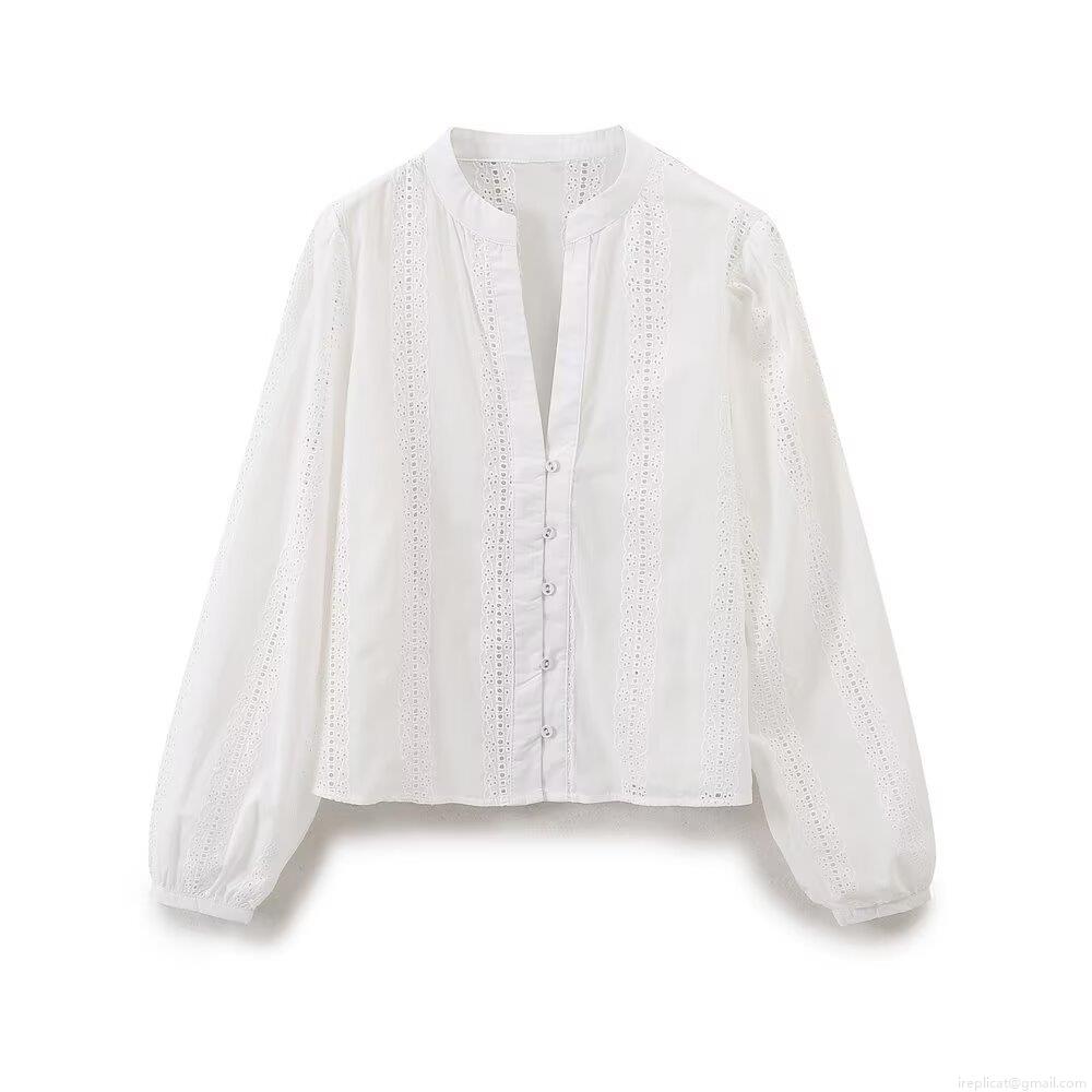 Women's Vintage Cotton Blend Embroidered Eyelet Blouse V Neck Lantern Long Sleeve Button Down Shirt Top Solid Color Casual Streetwear Top for Women