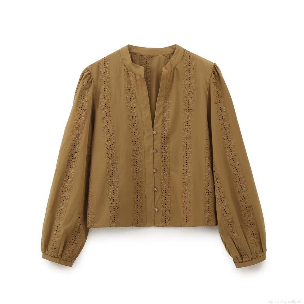 Women's Vintage Cotton Blend Embroidered Eyelet Blouse V Neck Lantern Long Sleeve Button Down Shirt Top Solid Color Casual Streetwear Top for Women
