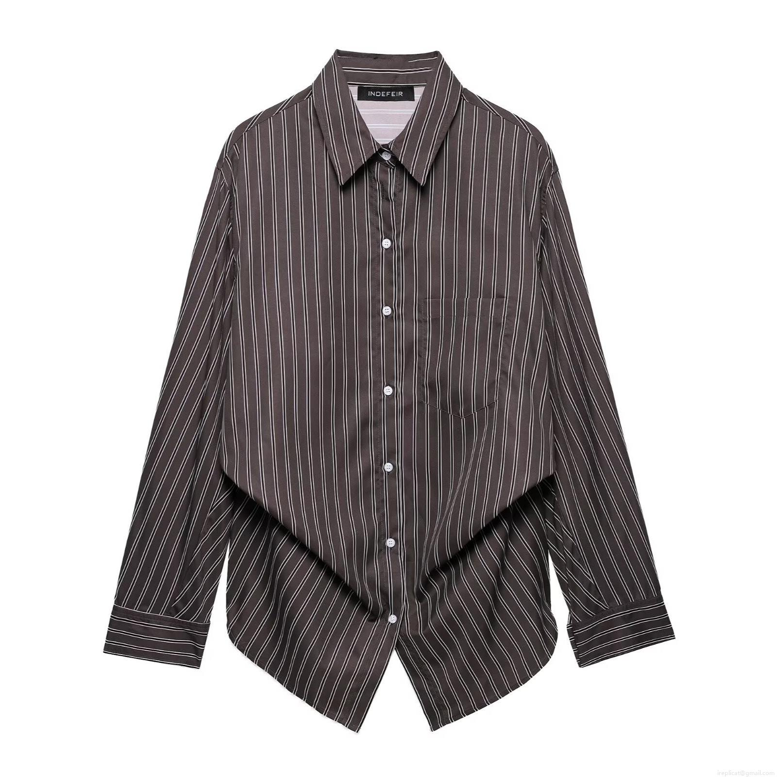 Women's European Style Lapel Long Sleeve Striped Shirt Polyester Casual Button Down Blouse Top With Chest Pocket
