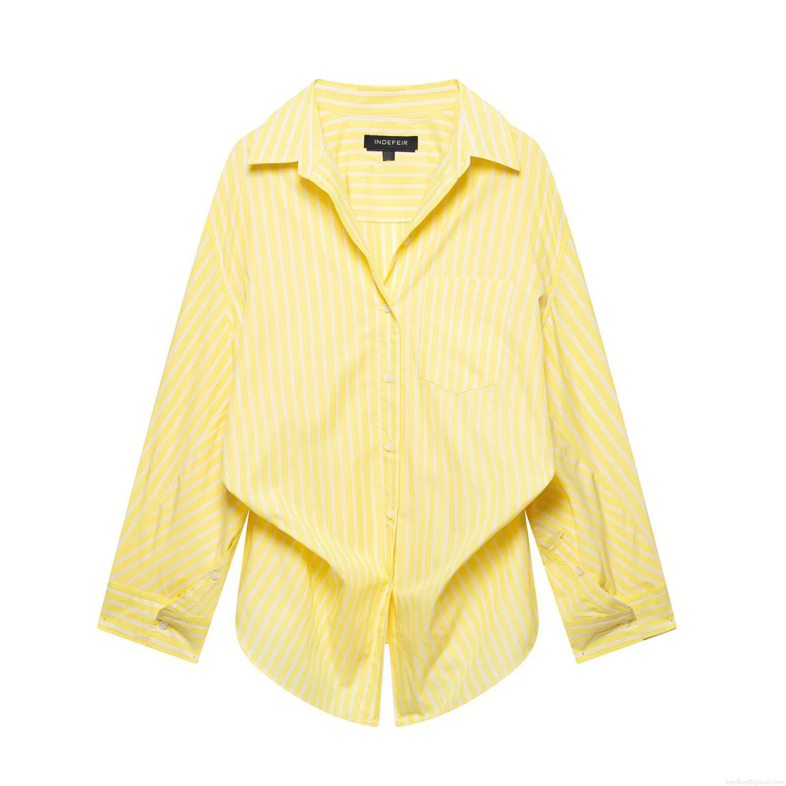 Women's European Style Lapel Long Sleeve Striped Shirt Polyester Casual Button Down Blouse Top With Chest Pocket