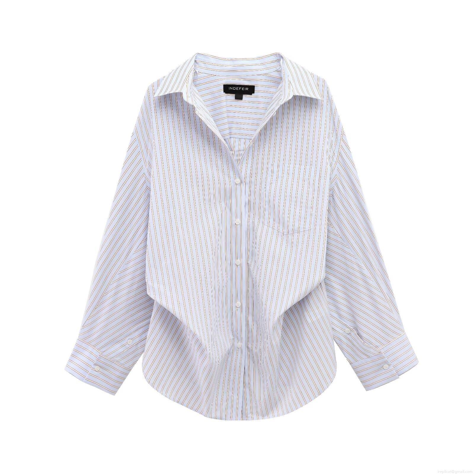 Women's European Style Lapel Long Sleeve Striped Shirt Polyester Casual Button Down Blouse Top With Chest Pocket