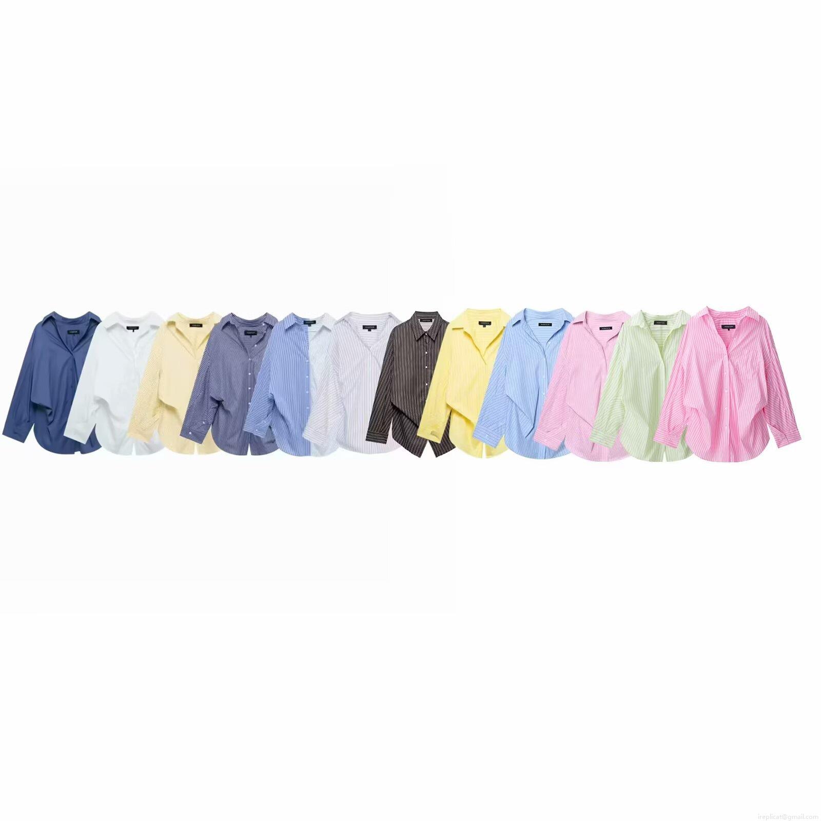 Women's European Style Lapel Long Sleeve Striped Shirt Polyester Casual Button Down Blouse Top With Chest Pocket