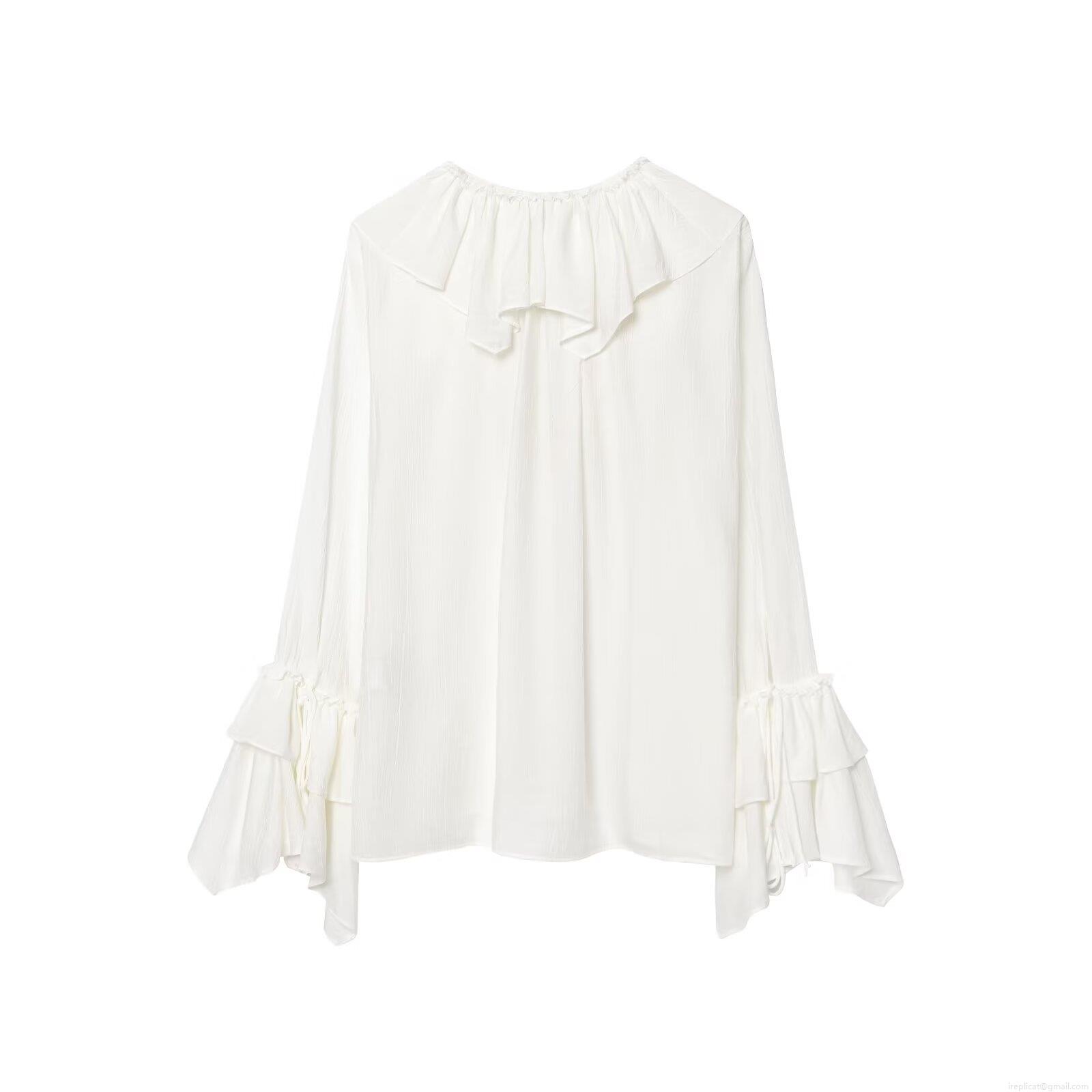 Women's French Vintage V Neck Ruffle Long Sleeve Blouse Top Solid Color Loose Fit Pullover Peach Skin Crepe Shirt for Summer Streetwear