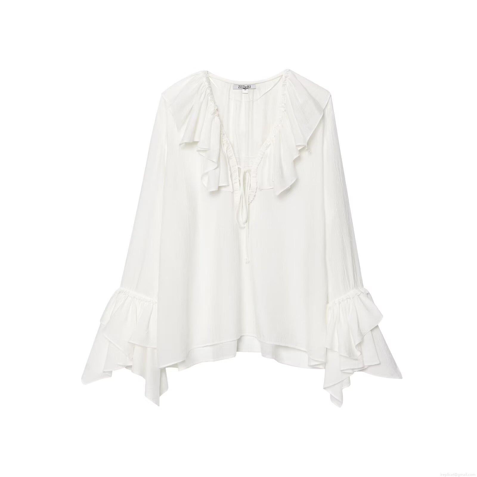 Women's French Vintage V Neck Ruffle Long Sleeve Blouse Top Solid Color Loose Fit Pullover Peach Skin Crepe Shirt for Summer Streetwear