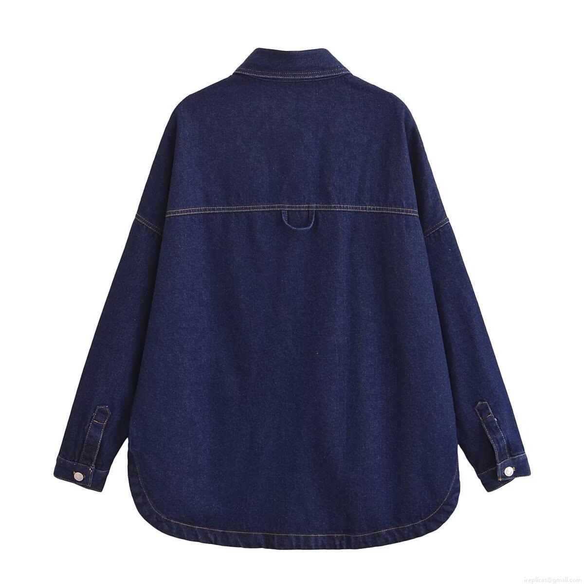 Women's Dark Blue Denim Style Shirt Jacket Long Sleeve Turn-Down Collar Single Breasted Blouse With Pockets Streetwear Casual Top