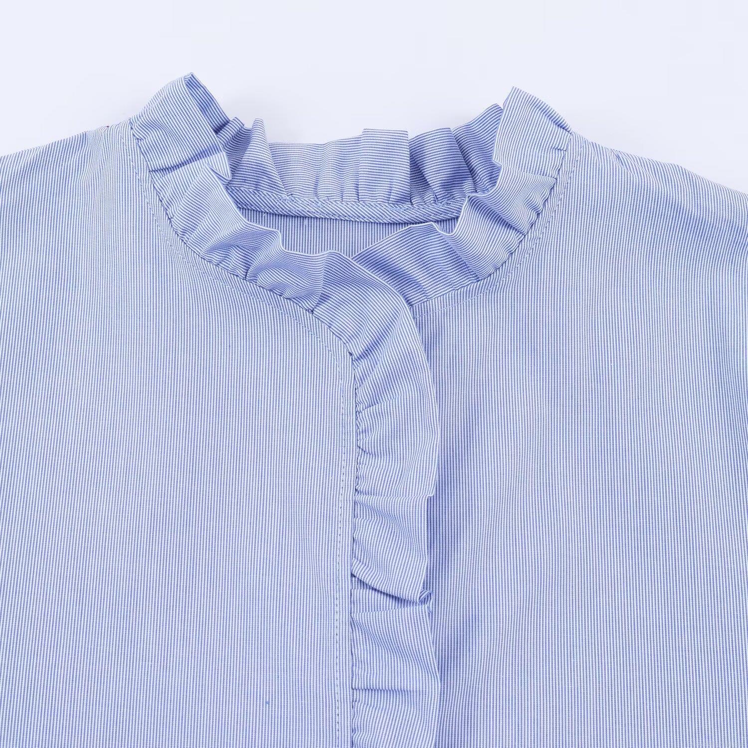 Sweet Poplin Ruffle Collar Shirt Elegant Long Sleeve Lantern Sleeve Striped Solid Color Blouse For Women Daily Office Fashion Tops