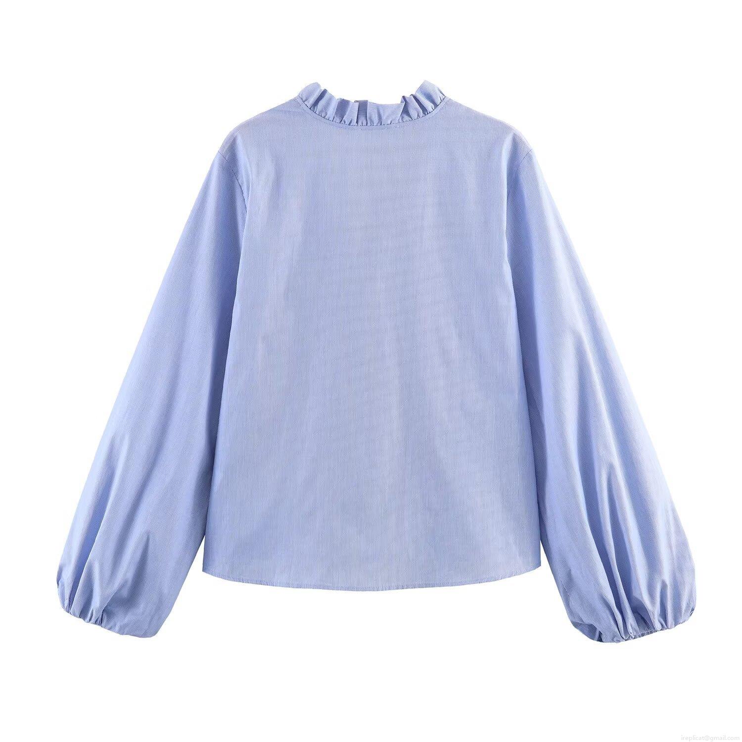 Sweet Poplin Ruffle Collar Shirt Elegant Long Sleeve Lantern Sleeve Striped Solid Color Blouse For Women Daily Office Fashion Tops