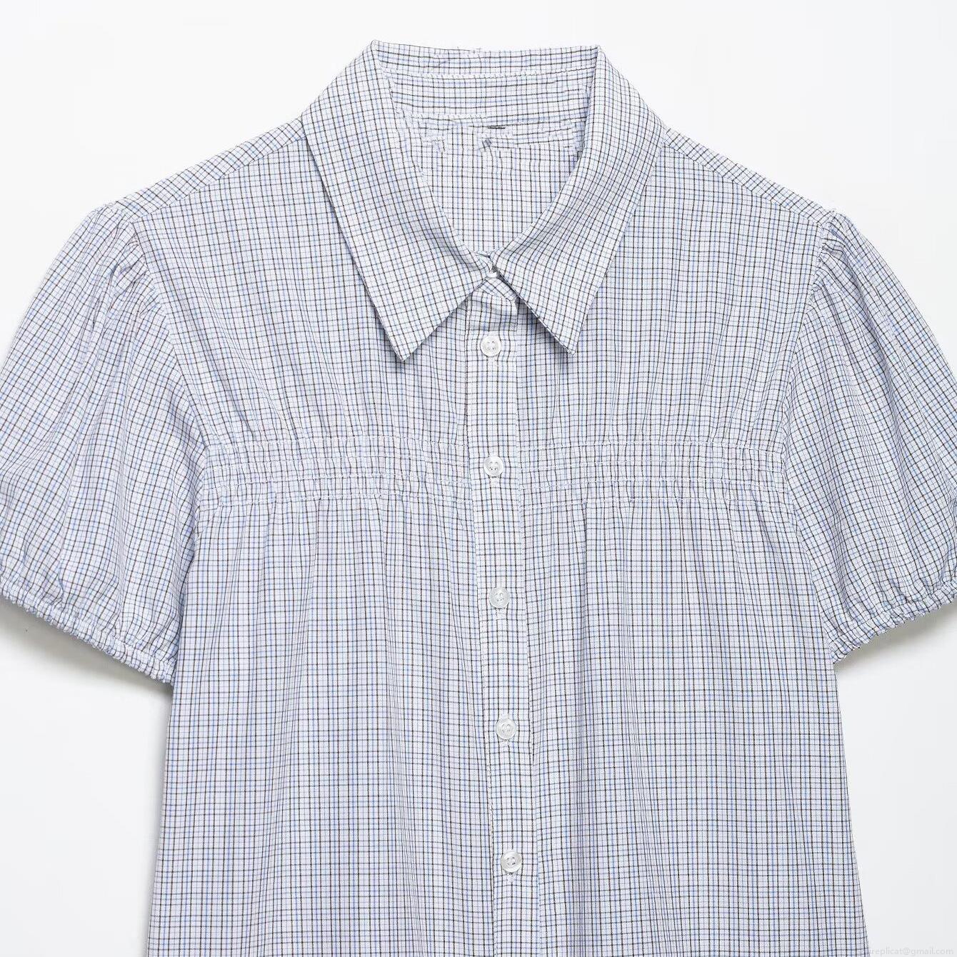 Women's Plaid Puff Short Sleeve Blouse Gingham Ruched Smocked Top Button Down Lapel Collar Casual Commuter Shirt Polyester Spandex Blend Summer Clothing