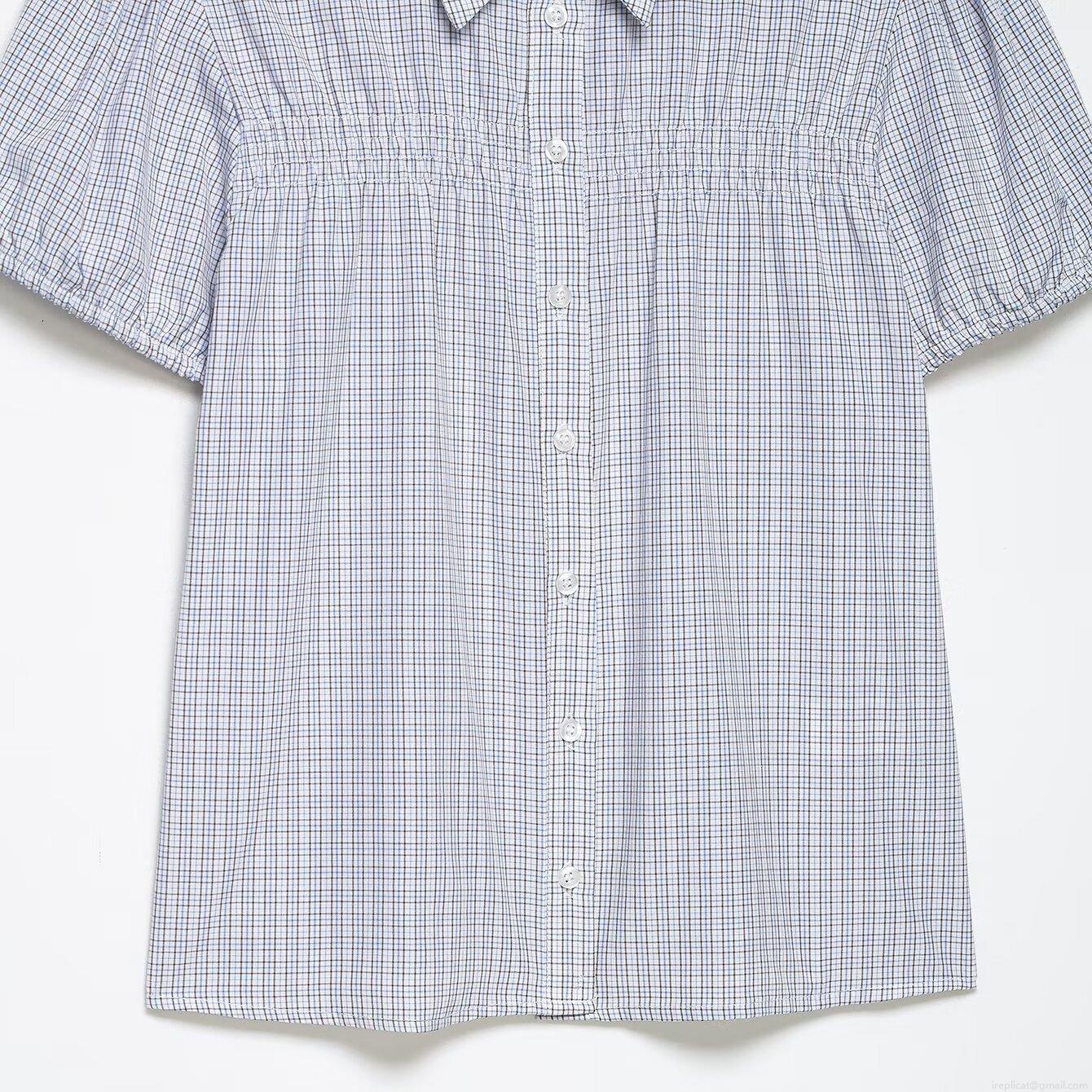 Women's Plaid Puff Short Sleeve Blouse Gingham Ruched Smocked Top Button Down Lapel Collar Casual Commuter Shirt Polyester Spandex Blend Summer Clothing
