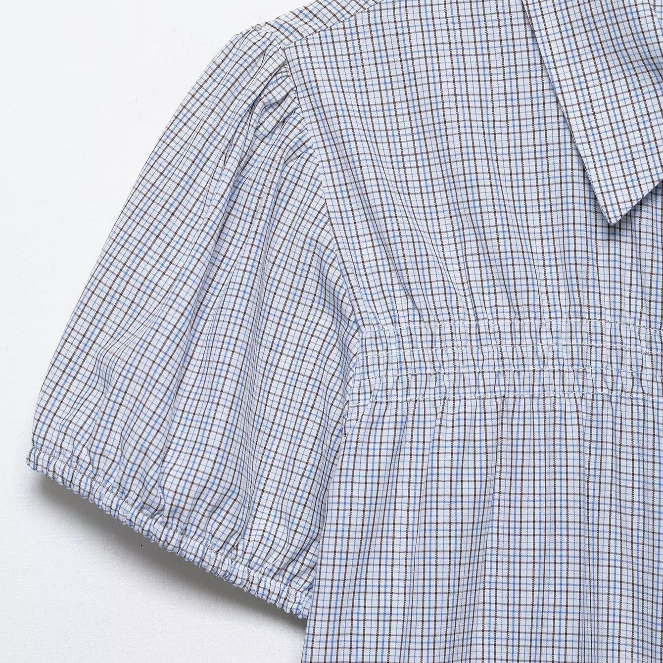 Women's Plaid Puff Short Sleeve Blouse Gingham Ruched Smocked Top Button Down Lapel Collar Casual Commuter Shirt Polyester Spandex Blend Summer Clothing