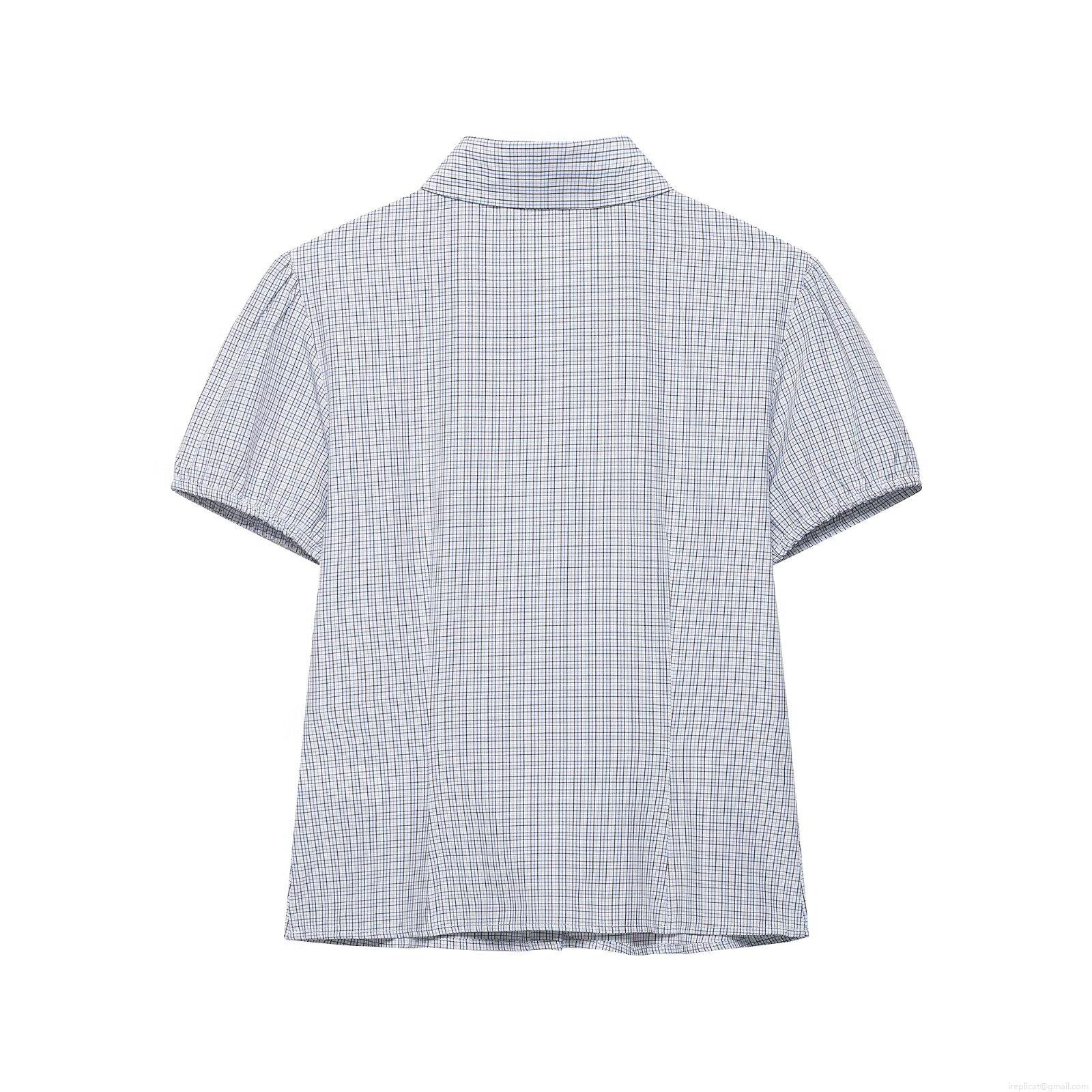 Women's Plaid Puff Short Sleeve Blouse Gingham Ruched Smocked Top Button Down Lapel Collar Casual Commuter Shirt Polyester Spandex Blend Summer Clothing