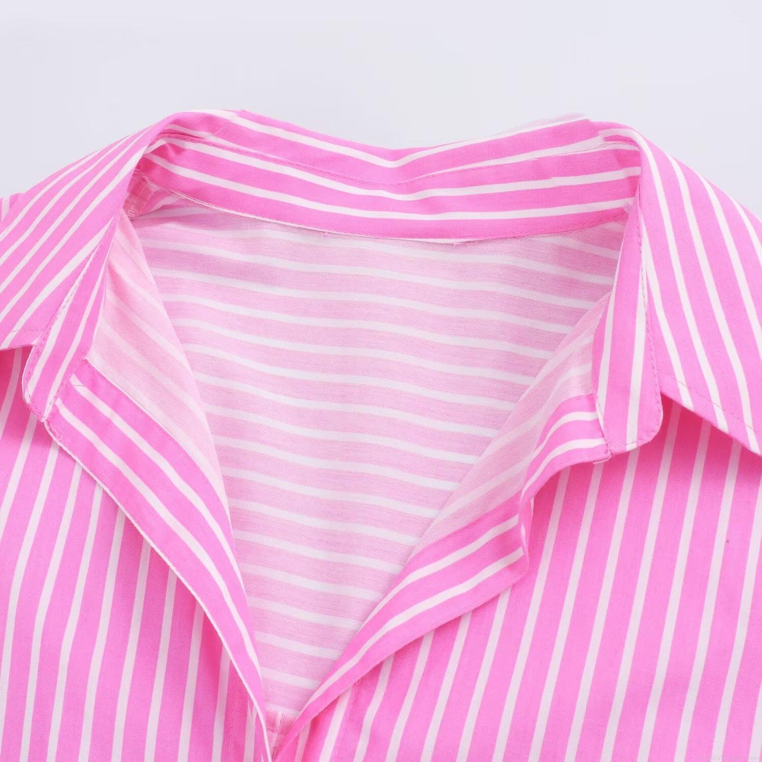Women's Casual Poplin Cotton Long Sleeve Shirt Loose Vertical Stripe Button Down Blouse Top for Office Lady Daily Wear Spring Autumn
