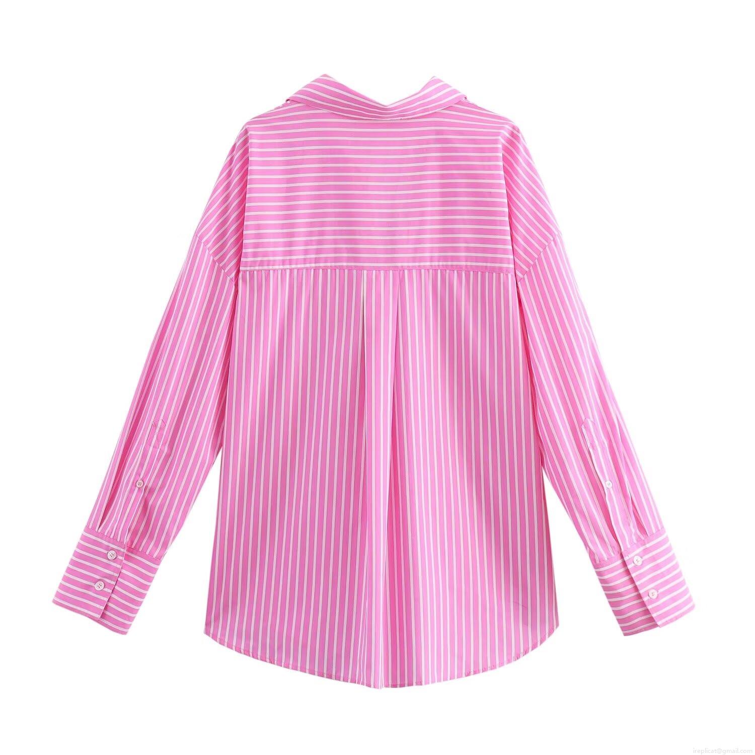 Women's Casual Poplin Cotton Long Sleeve Shirt Loose Vertical Stripe Button Down Blouse Top for Office Lady Daily Wear Spring Autumn