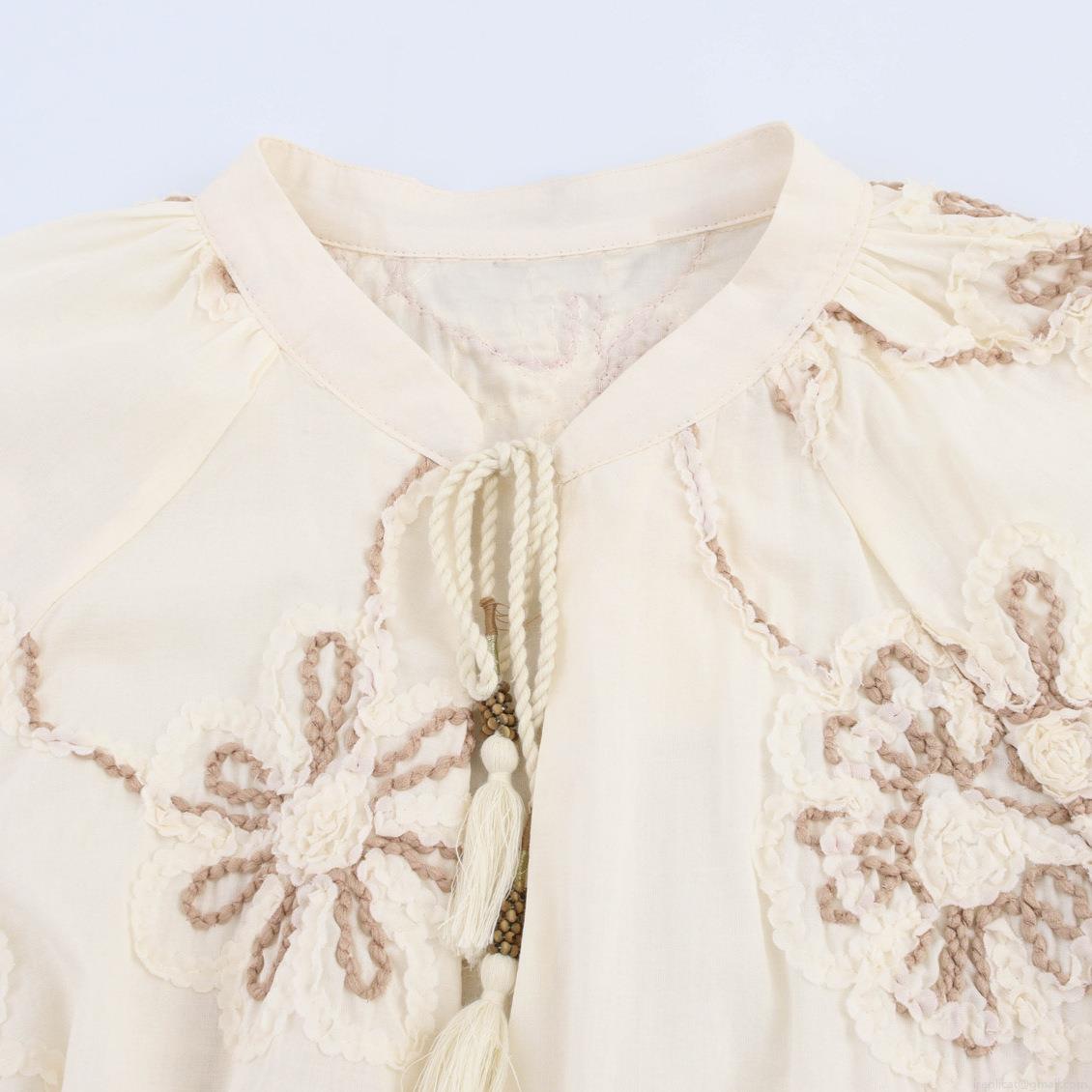 Women's Elegant Floral Embroidery Blouse Lantern Sleeve Tassel Tie Neck Hollow Out Polyester Spandex Pullover Shirt Bohemian Top