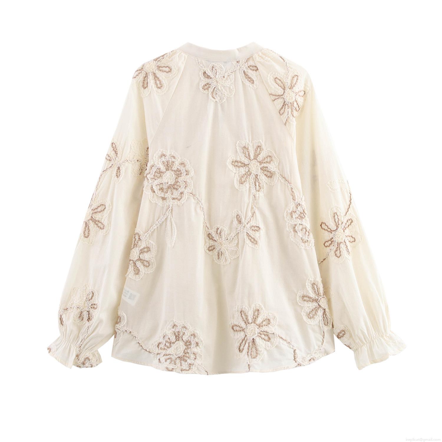 Women's Elegant Floral Embroidery Blouse Lantern Sleeve Tassel Tie Neck Hollow Out Polyester Spandex Pullover Shirt Bohemian Top