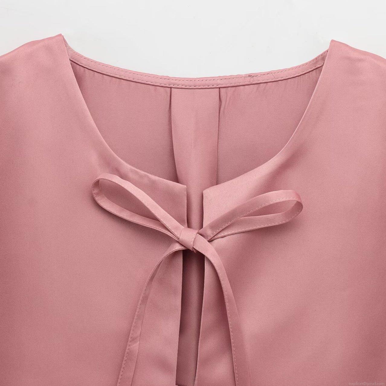 Women's Satin Puff Sleeve Bow Tie Blouse Vintage Elegant Short Top Lantern Sleeve Round Neck Solid Color Shirt for Party Date Women Clothing