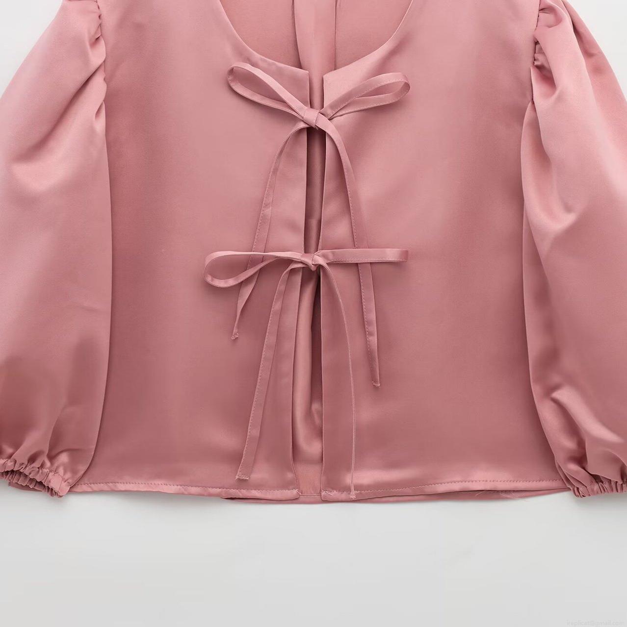 Women's Satin Puff Sleeve Bow Tie Blouse Vintage Elegant Short Top Lantern Sleeve Round Neck Solid Color Shirt for Party Date Women Clothing