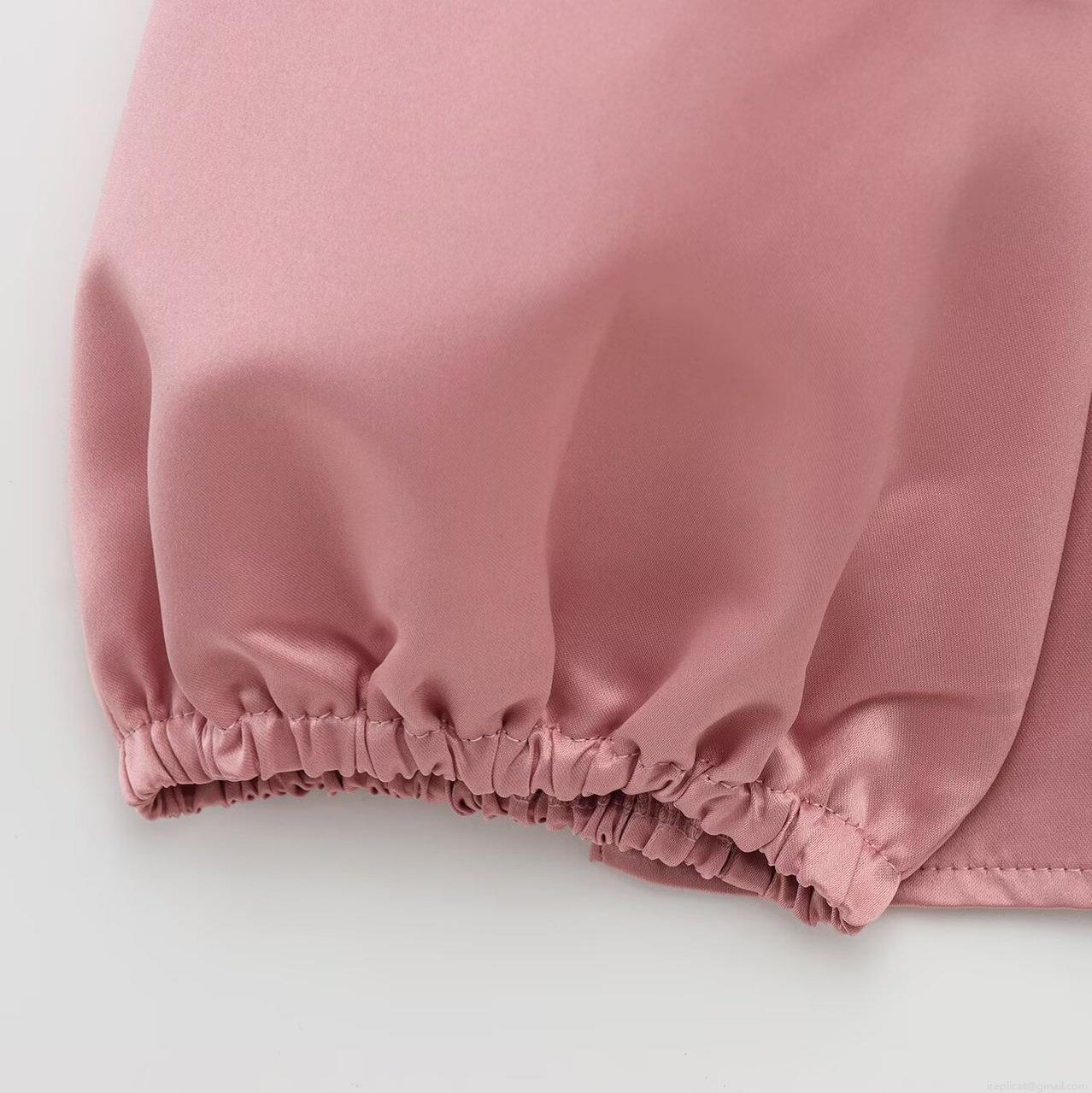 Women's Satin Puff Sleeve Bow Tie Blouse Vintage Elegant Short Top Lantern Sleeve Round Neck Solid Color Shirt for Party Date Women Clothing