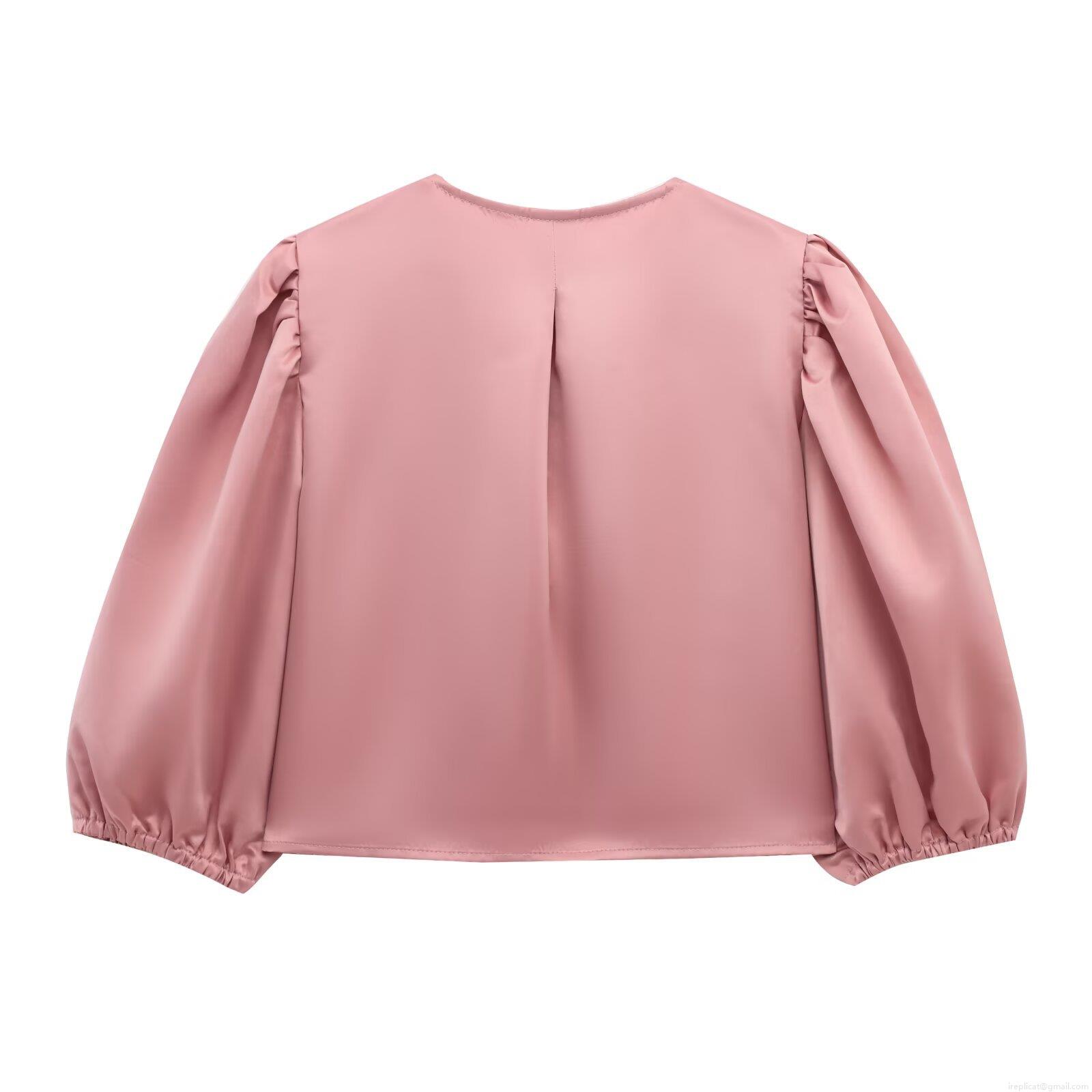 Women's Satin Puff Sleeve Bow Tie Blouse Vintage Elegant Short Top Lantern Sleeve Round Neck Solid Color Shirt for Party Date Women Clothing