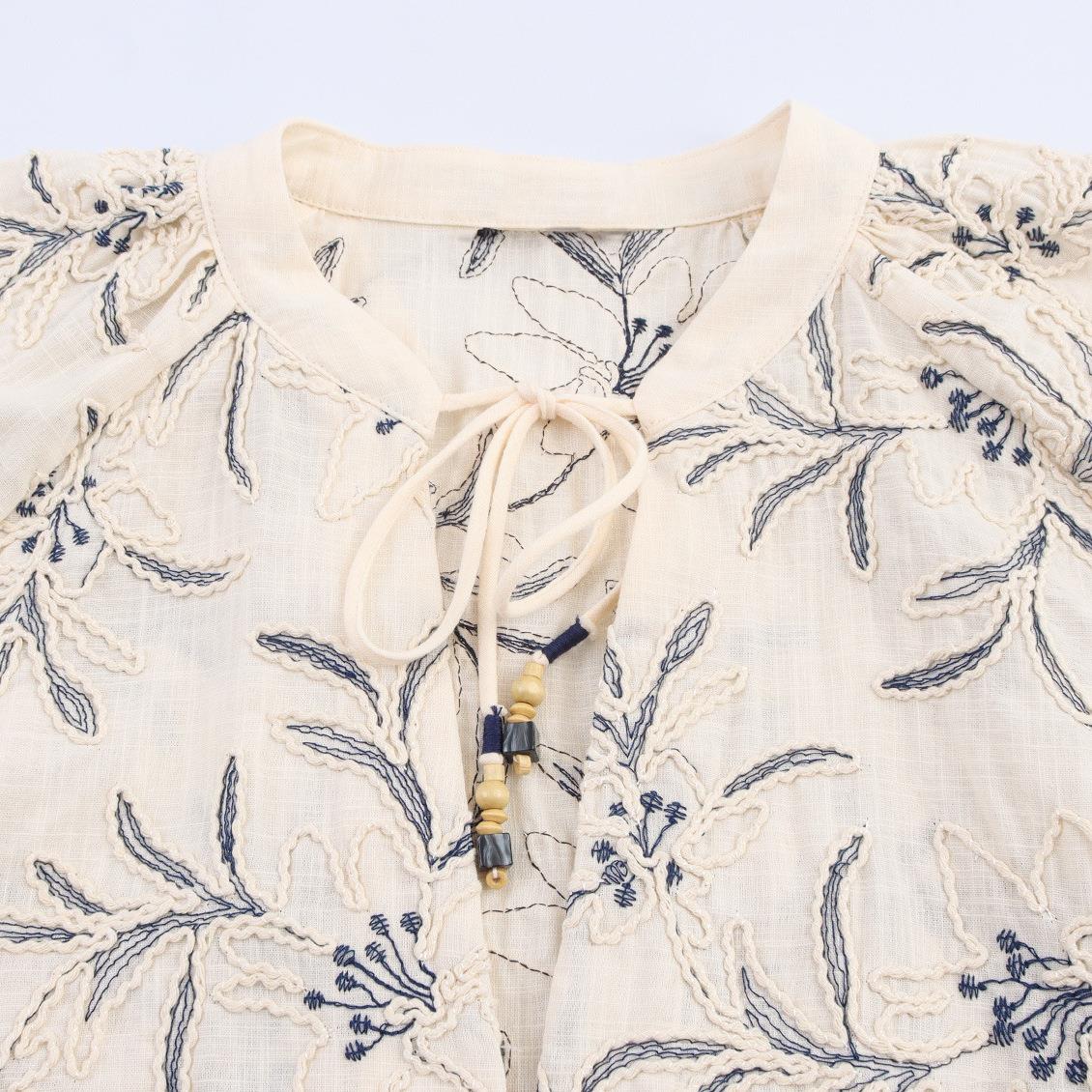 Women's Retro Bohemian Floral Embroidered Blouse Cotton Linen Blend V Neck Tie Front Long Lantern Sleeve Loose Fit Casual Shirt Tops