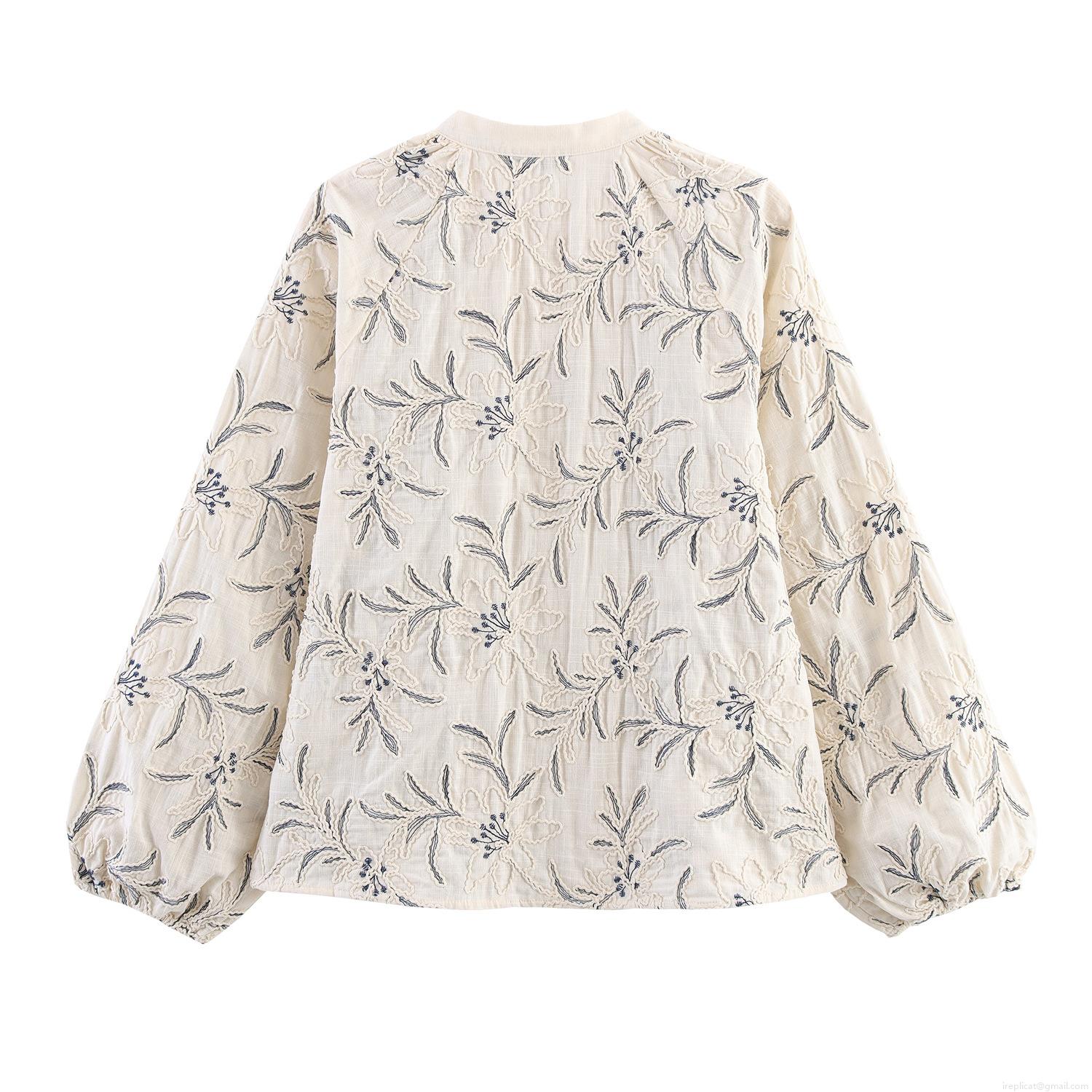 Women's Retro Bohemian Floral Embroidered Blouse Cotton Linen Blend V Neck Tie Front Long Lantern Sleeve Loose Fit Casual Shirt Tops