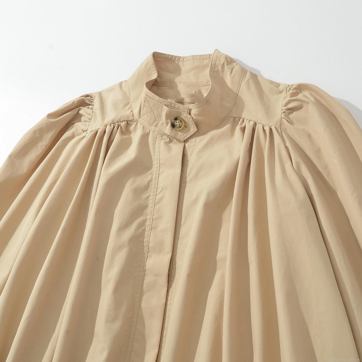 Women's Casual Pleated Lantern Sleeve Stand Collar Blouse British Style Cotton Blend Solid Color Button Down Top For Autumn Daily Wear