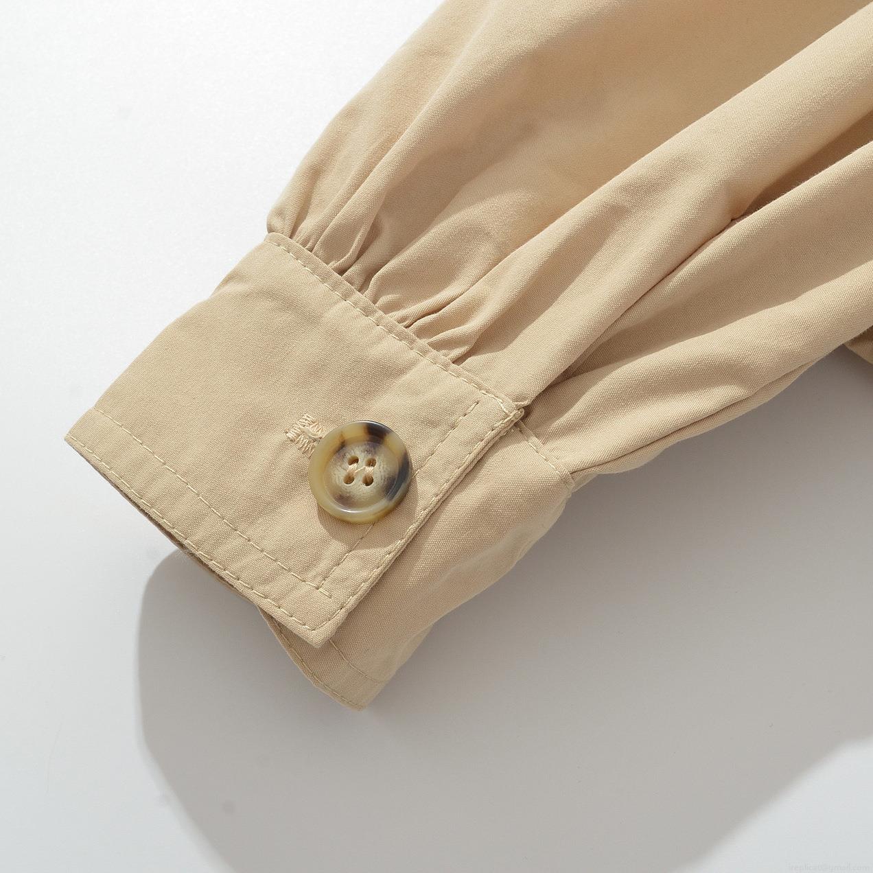 Women's Casual Pleated Lantern Sleeve Stand Collar Blouse British Style Cotton Blend Solid Color Button Down Top For Autumn Daily Wear