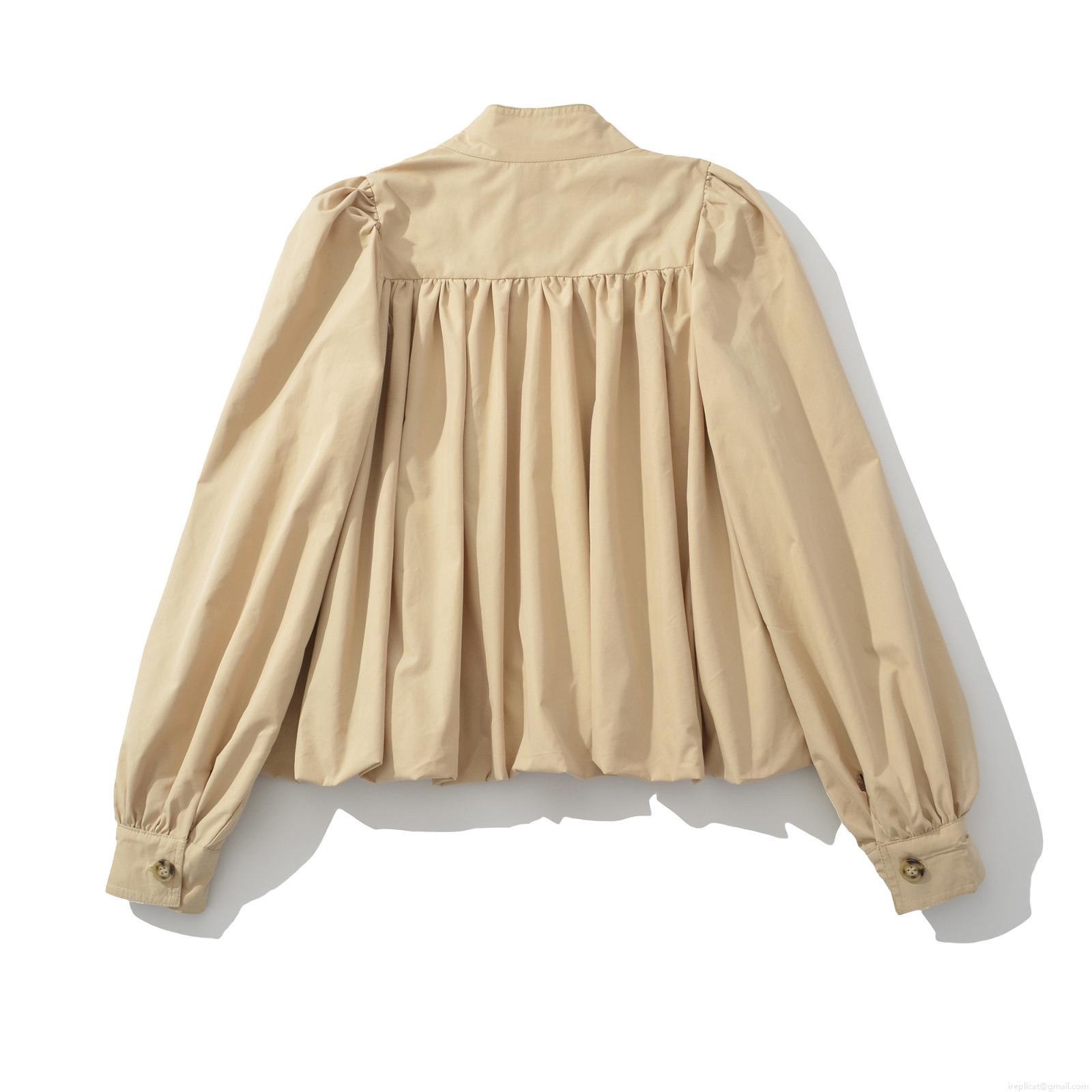 Women's Casual Pleated Lantern Sleeve Stand Collar Blouse British Style Cotton Blend Solid Color Button Down Top For Autumn Daily Wear