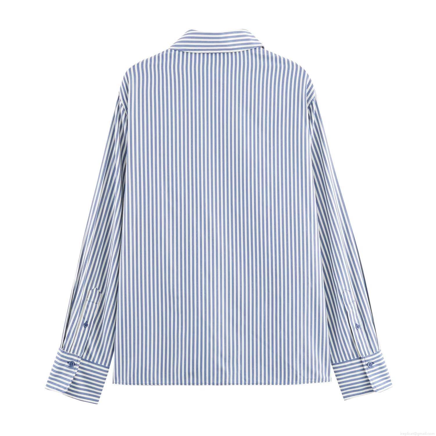 Women's Casual Striped Long Sleeve Blouse Poplin Button Down Shirt Office Commute Loose Fit Top With Pocket Single Breasted Women Clothing