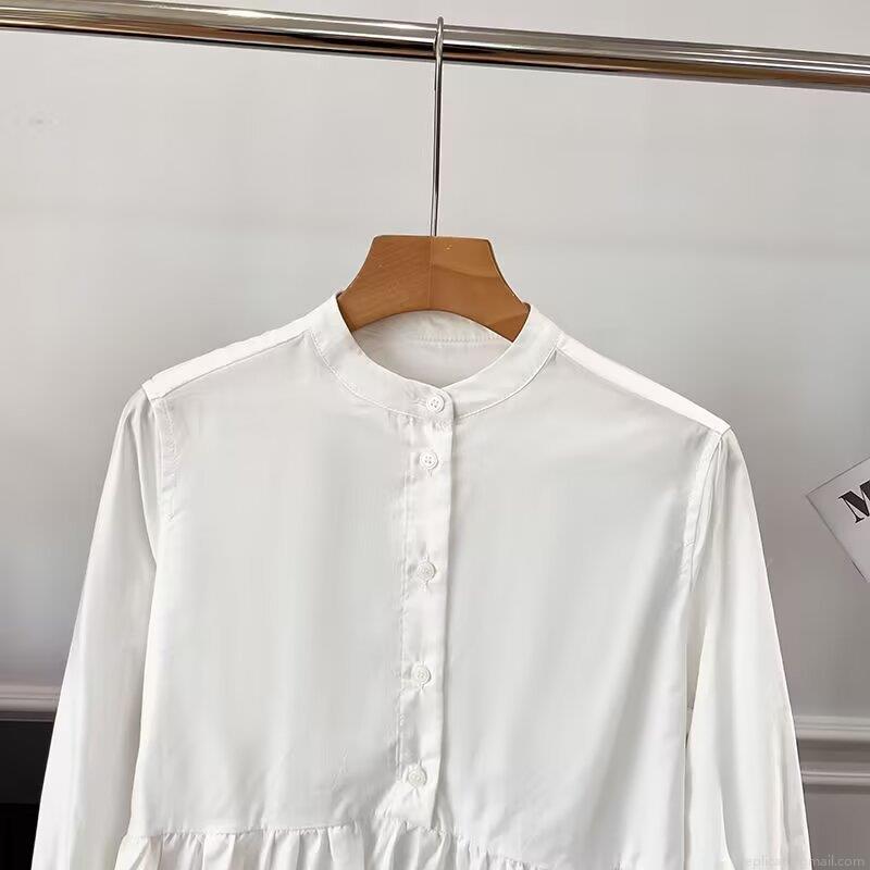 Women's White Long Sleeve Blouse Elegant Stand Collar Ruffle Hem Patchwork Top Sweet Loose Fit Polyester Spandex Shirt For Daily Office Wear