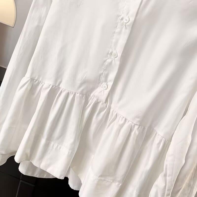 Women's White Long Sleeve Blouse Elegant Stand Collar Ruffle Hem Patchwork Top Sweet Loose Fit Polyester Spandex Shirt For Daily Office Wear
