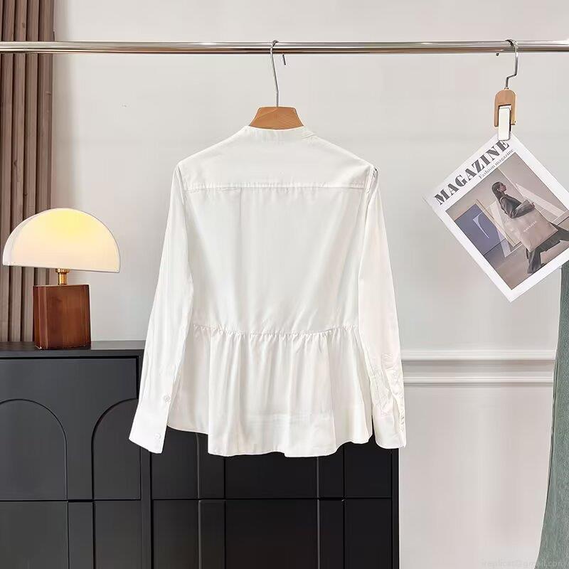 Women's White Long Sleeve Blouse Elegant Stand Collar Ruffle Hem Patchwork Top Sweet Loose Fit Polyester Spandex Shirt For Daily Office Wear