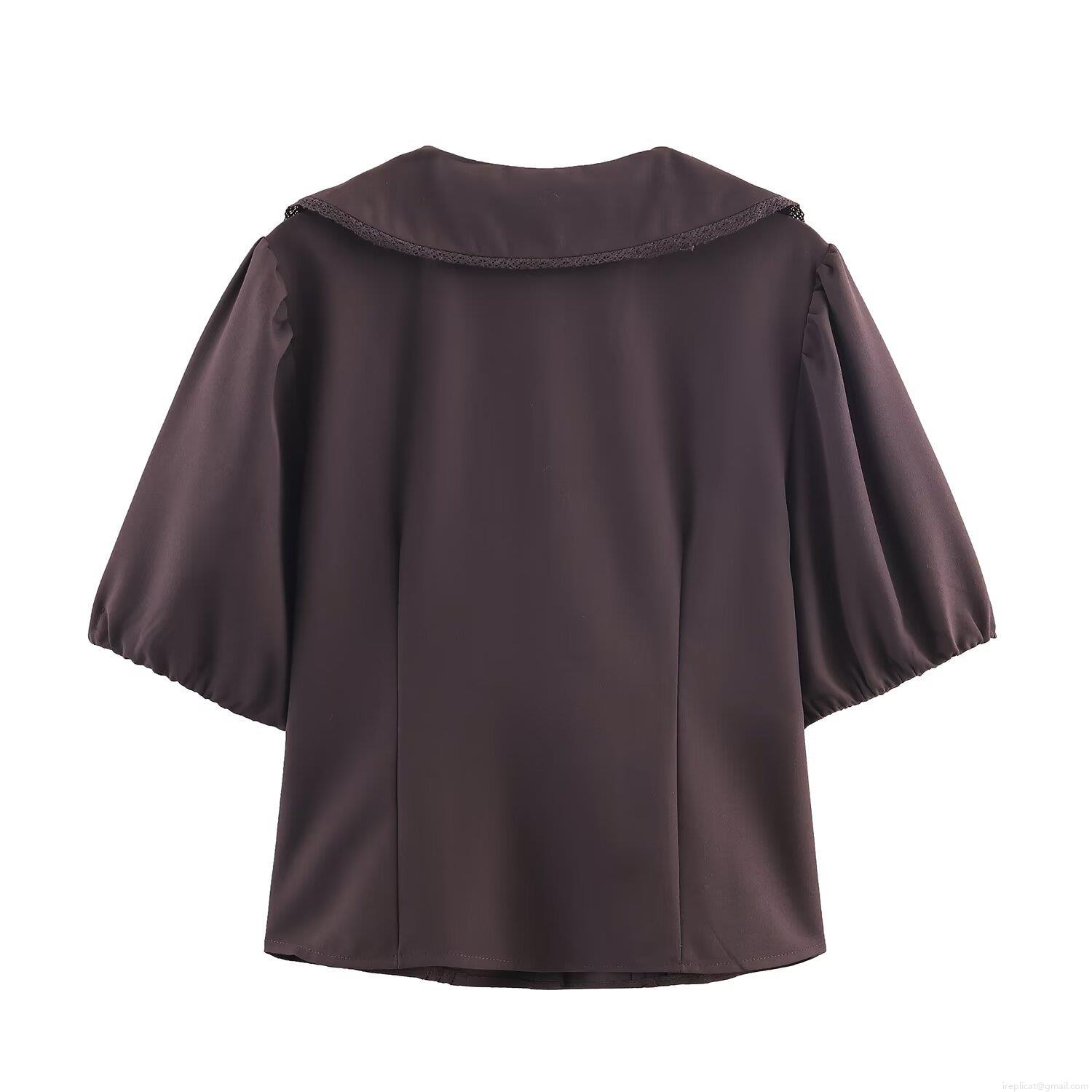 Women's Retro Sweet Puff Sleeve Sailor Collar Short Sleeve Top Polyester Spandex Lace Trim Solid Color Vintage Blouse Shirt