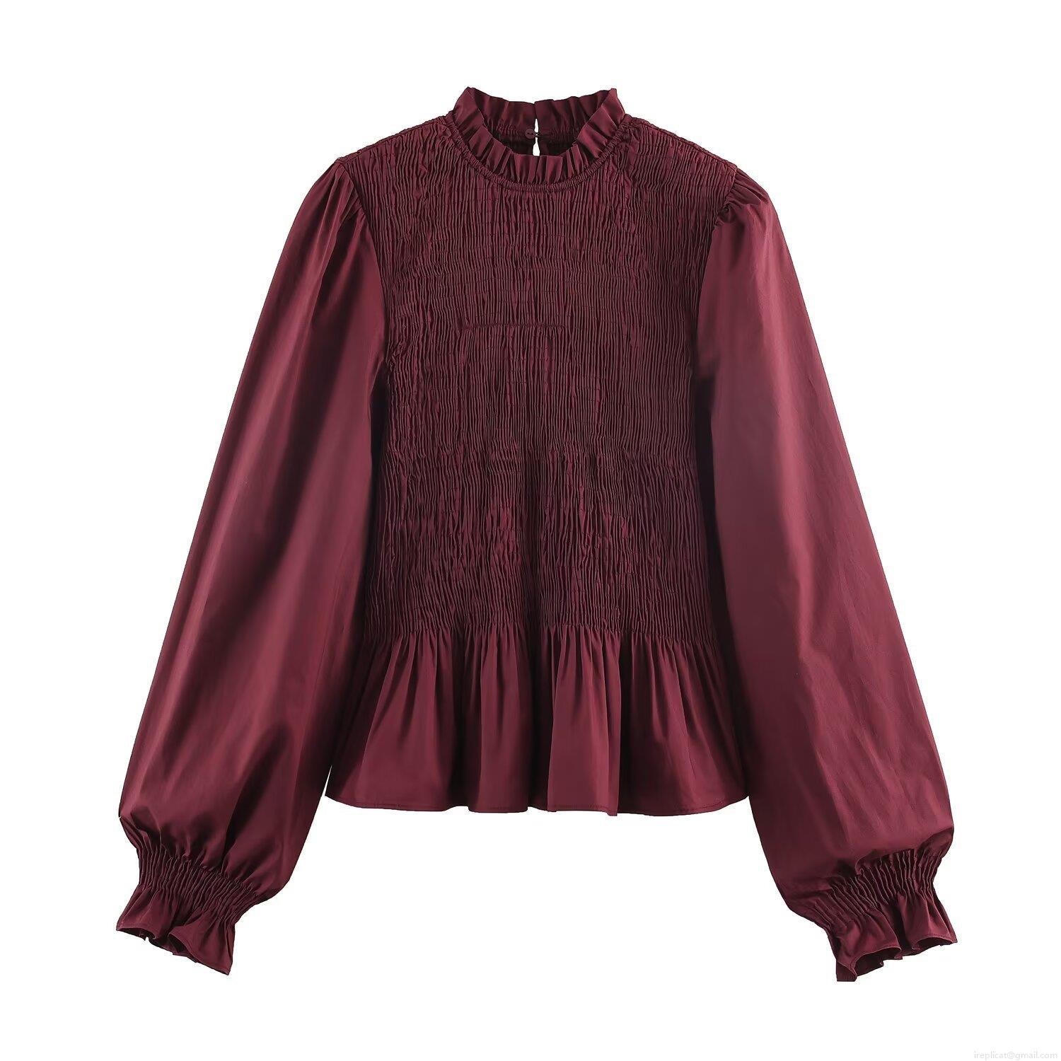 Women Vintage Smocked Blouse Ruffle Mock Neck Long Sleeve Lantern Sleeve Striped Solid Color Polyester Shirt For Daily Party Elegant Top