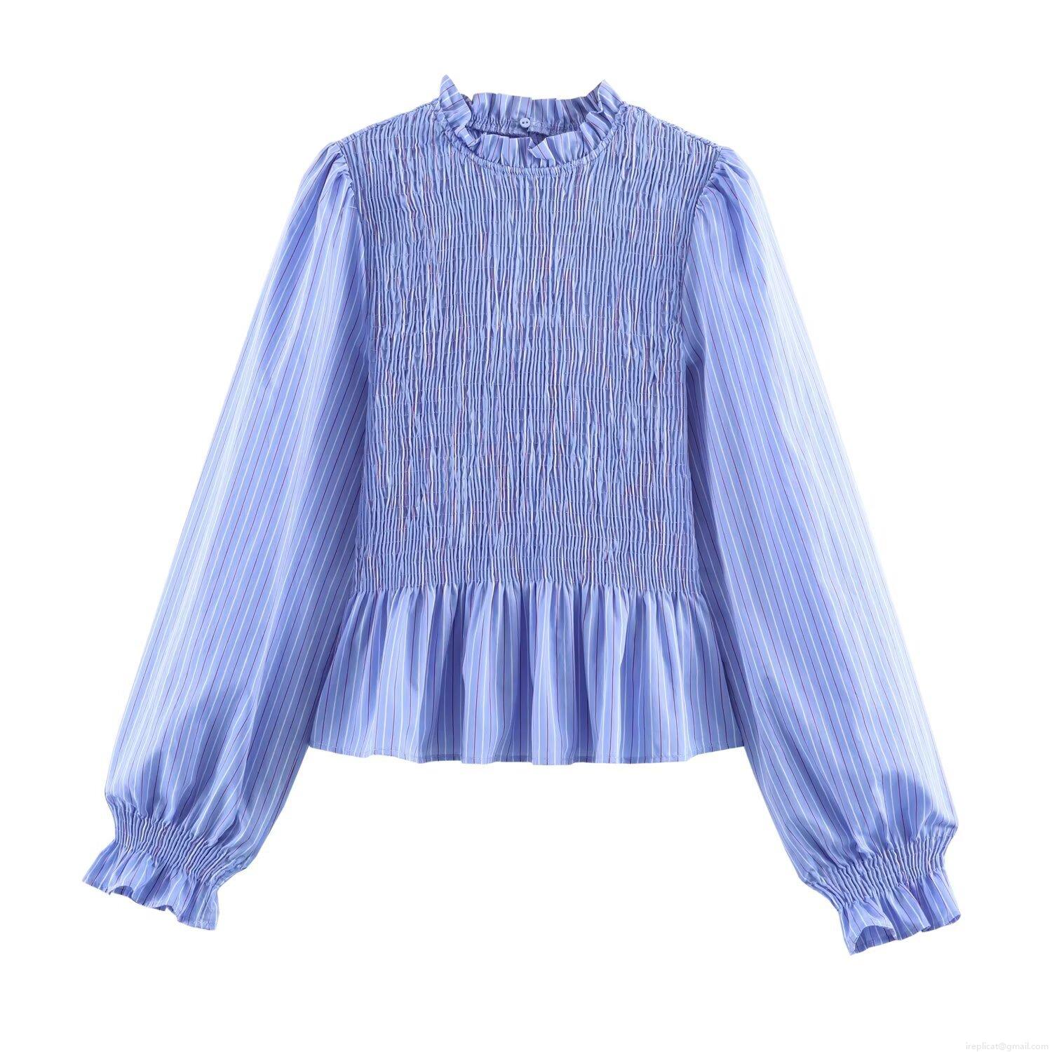 Women Vintage Smocked Blouse Ruffle Mock Neck Long Sleeve Lantern Sleeve Striped Solid Color Polyester Shirt For Daily Party Elegant Top