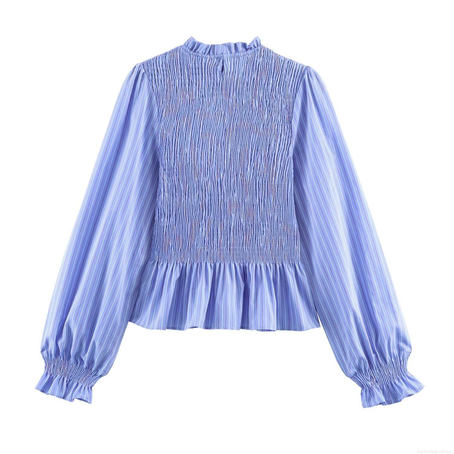 Women Vintage Smocked Blouse Ruffle Mock Neck Long Sleeve Lantern Sleeve Striped Solid Color Polyester Shirt For Daily Party Elegant Top