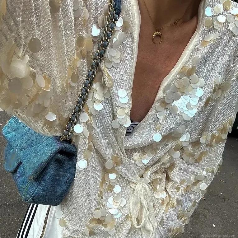 Women's Sparkly Sequin V-Neck Wrap Blouse Long Sleeve Tie Waist Shirt Shiny Elegant Party Evening Top For Celebrity Style Ladies