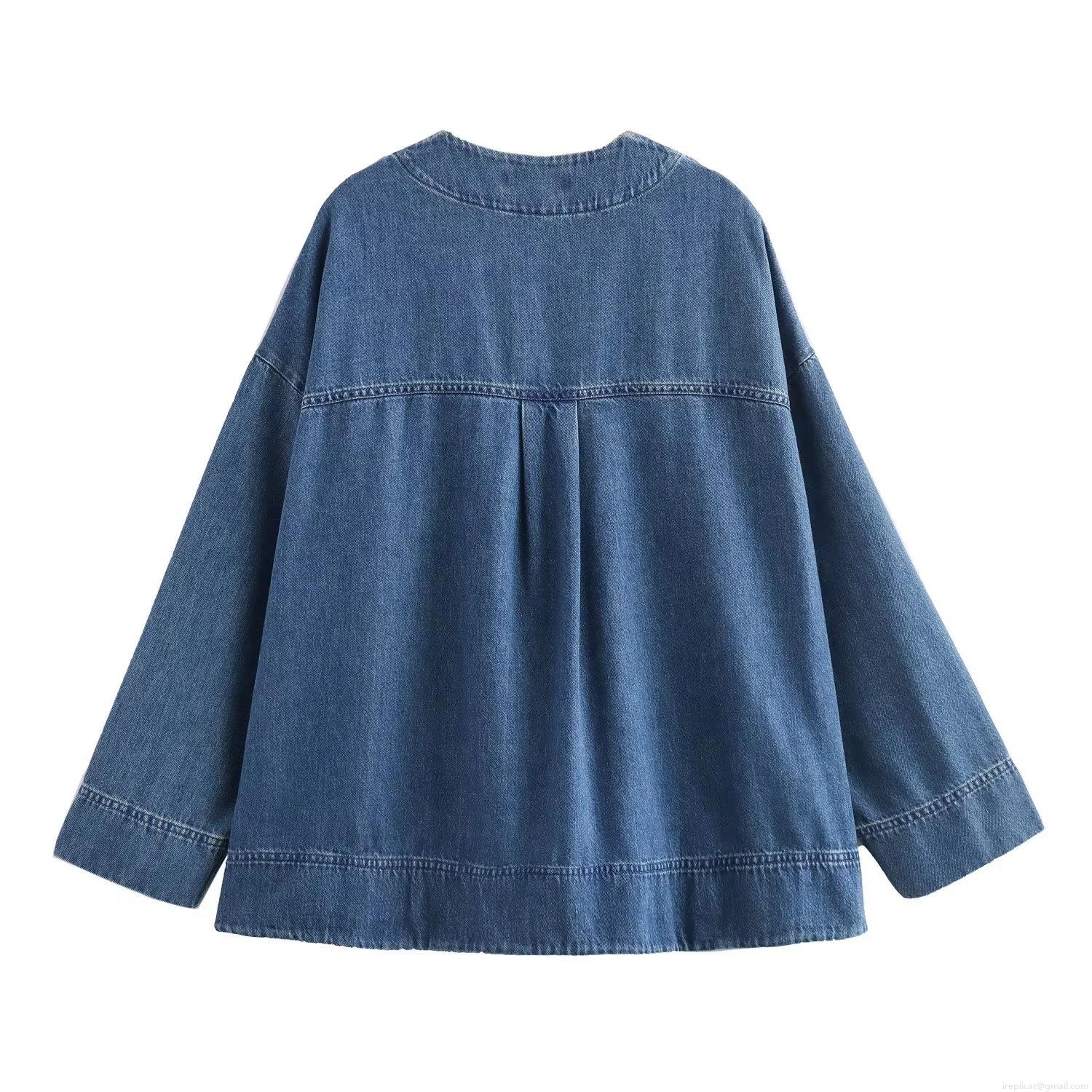 Women's Casual Oversized Blue Denim Shirt Long Sleeve Drop Shoulder Single Breasted Blouse With Pocket Side Split Cotton Denim Jacket Top