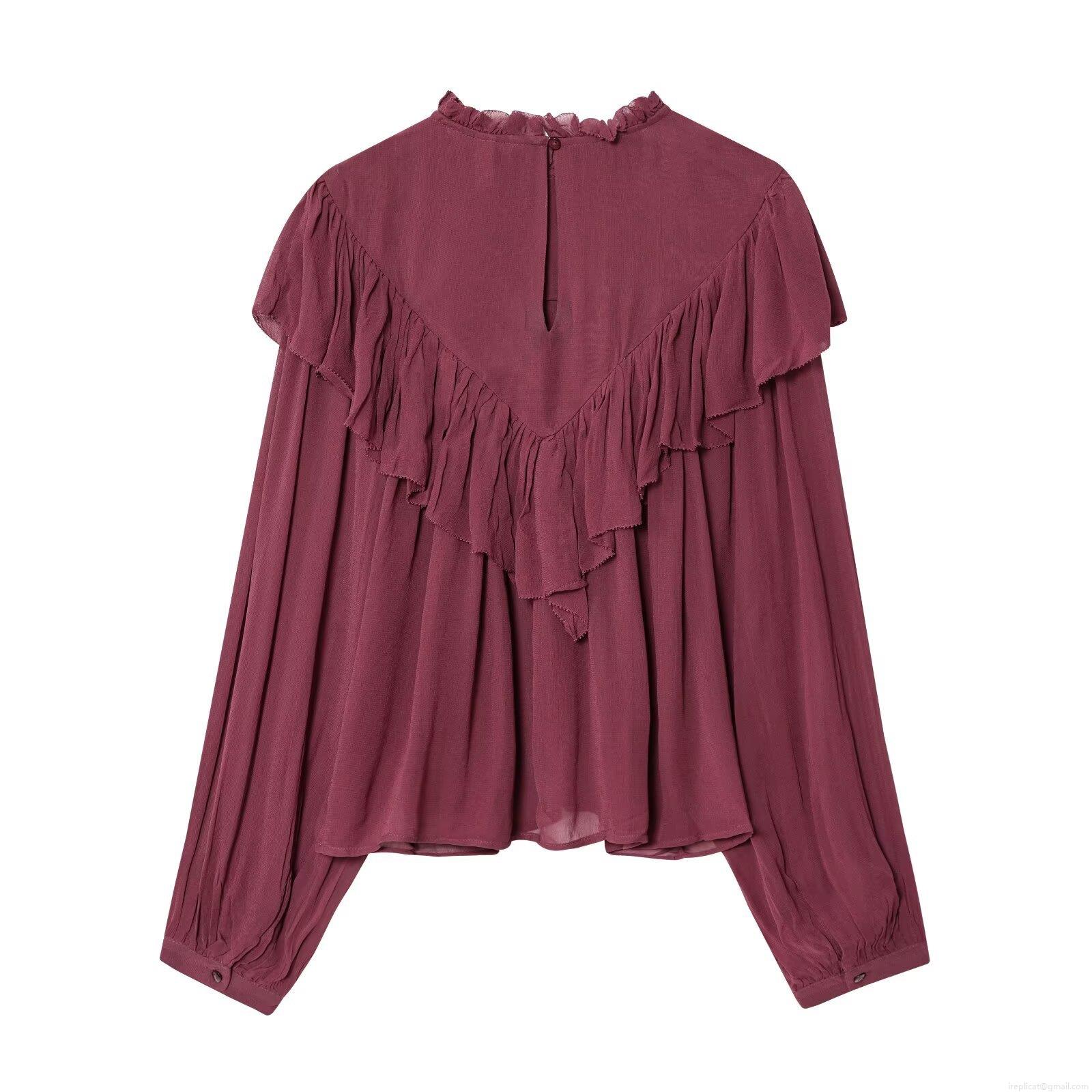 Women Elegant Chiffon Blouse Vintage Ruffle Long Lantern Sleeve Pleated Solid Color Pullover Top For Party Ladies Fashion Sweet Shirt