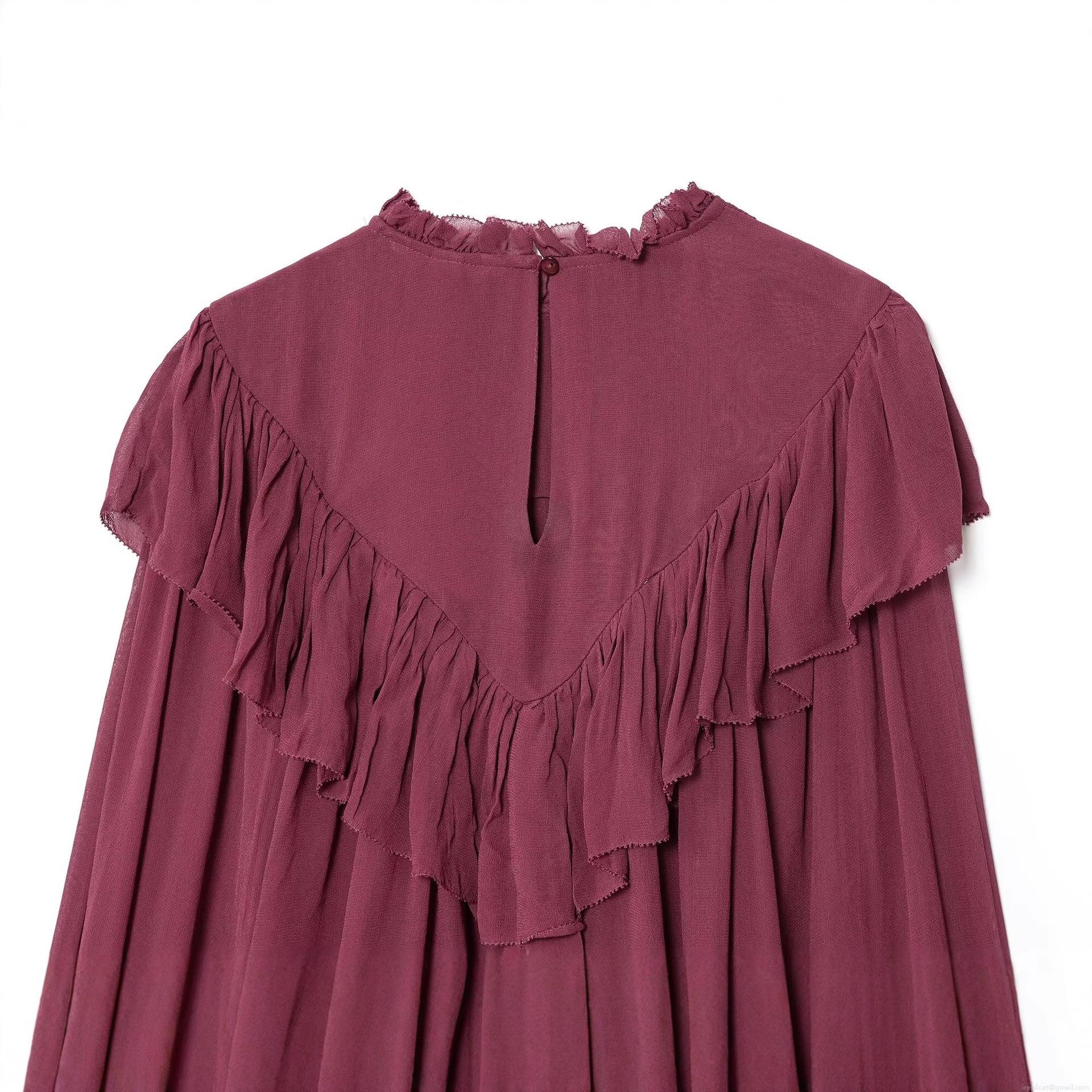Women Elegant Chiffon Blouse Vintage Ruffle Long Lantern Sleeve Pleated Solid Color Pullover Top For Party Ladies Fashion Sweet Shirt